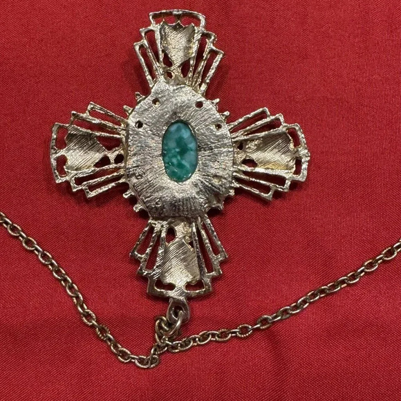 FAUX TURQUOISE BLUE SCARAB PENDANT ANTIQUED SILVER COLOR CROSS NECKLACE 24" - Picture 3 of 4